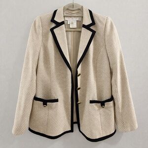 Escada Margaretha Ley Silk Wool Polka Dot Blazer Black Trim Old Money Chic EU 36